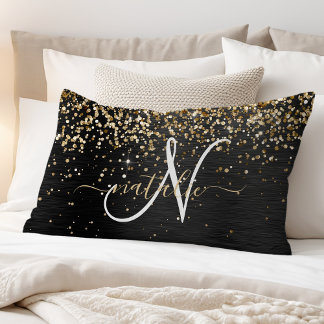 Custom Gold Glitter Black Sparkle Monogram Pillowcase