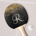Custom Gold Glitter Black Sparkle Monogram Ping Pong Paddle<br><div class="desc">Easily personalise this trendy elegant ping pong paddle design featuring pretty gold sparkling glitter on a black brushed metallic background.</div>