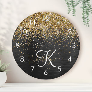 Custom Gold Glitter Black Sparkle Monogram Round Clock