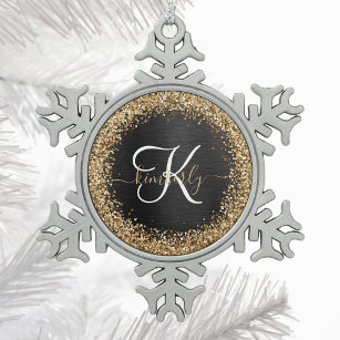 Custom Gold Glitter Black Sparkle Monogram Snowflake Pewter Christmas Ornament