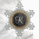 Custom Gold Glitter Black Sparkle Monogram Snowflake Pewter Christmas Ornament<br><div class="desc">Easily personalise this trendy elegant ornament design featuring pretty gold sparkling glitter on a black brushed metallic background.</div>
