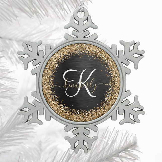 Custom Gold Glitter Black Sparkle Monogram Snowflake Pewter Christmas Ornament (Creator Uploaded)
