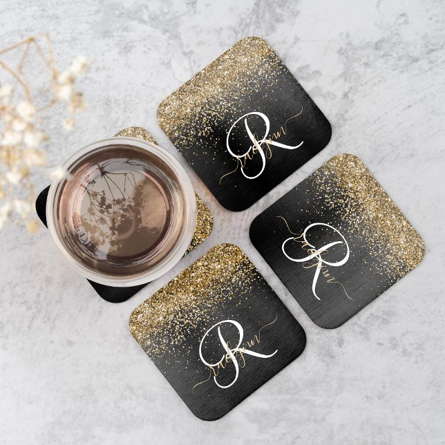 Custom Gold Glitter Black Sparkle Monogram Square Paper Coaster (Creator Uploaded)