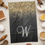 Custom Gold Glitter Black Sparkle Monogram Tea Towel<br><div class="desc">Easily personalise this trendy elegant kitchen towel design featuring pretty gold sparkling glitter on a black brushed metallic background.</div>