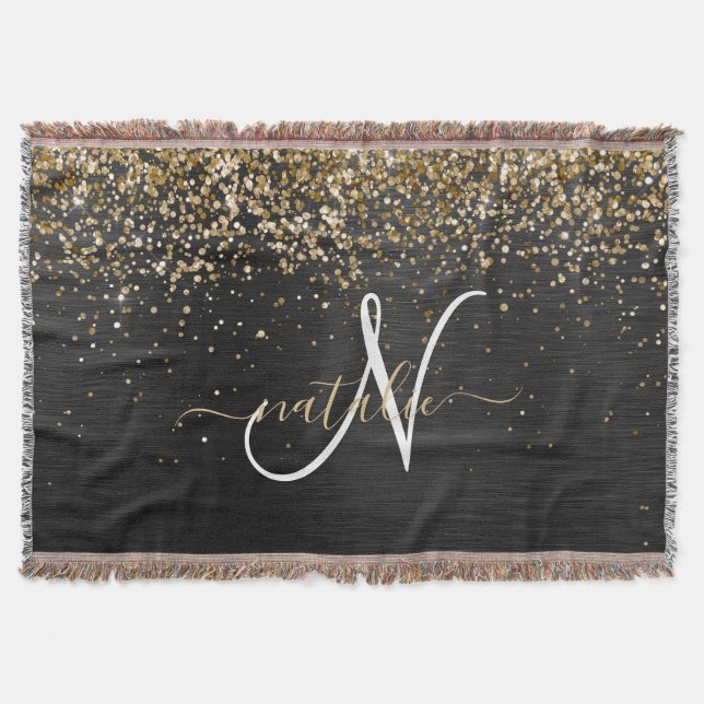 Custom Gold Glitter Black Sparkle Monogram Throw Blanket (Front)