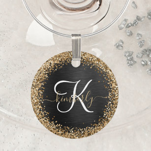 Custom Gold Glitter Black Sparkle Monogram Wine Charm