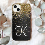 Custom Gold Glitter Black Sparkly Monogrammed iPhone 14 Plus Case<br><div class="desc">Easily personalise this trendy elegant phone case design featuring pretty rose gold sparkling glitter on a black brushed metallic background.</div>
