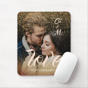 Custom Gold Glitter Couple Photo Monogrammed Mouse Pad
