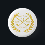 Custom Gold Golf Club Elegant Minimal Modern  3 Cm Round Badge<br><div class="desc">Custom gold golf club elegant, modern, minimalist, chic design. Personalised golf club button pin with laurel wreath, two crossed golf clubs, and golf ball. Personalised golf button pin with your logo, name, text, year, etc. Elegant gold golf club button pin personalised gift for golf club, golfer, golf player, team, coach....</div>