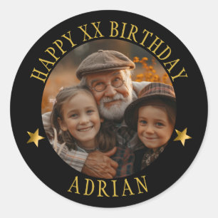  Custom Gold Happy Birthday Photo and Age Name Classic Round Sticker