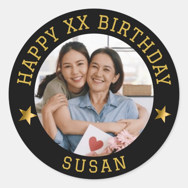  Custom Gold Happy Birthday Photo and Age Name Classic Round Sticker (Front)