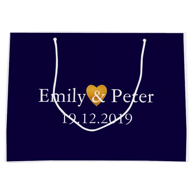 Custom Gold Heart Navy Blue Large Wedding Gift Bag (Front)
