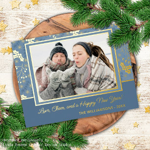 Custom Gold Holly Berry Leaves Snowflakes Pattern Foil Holiday Postcard