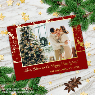 Custom Gold Holly Berry Leaves Snowflakes Pattern Foil Holiday Postcard