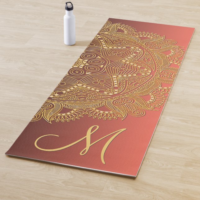 Custom Gold Mandala Art Pattern Coral Red Orange Yoga Mat (In Situ)