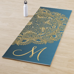 Custom Gold Mandala Art Pattern On Teal Blue Yoga Mat