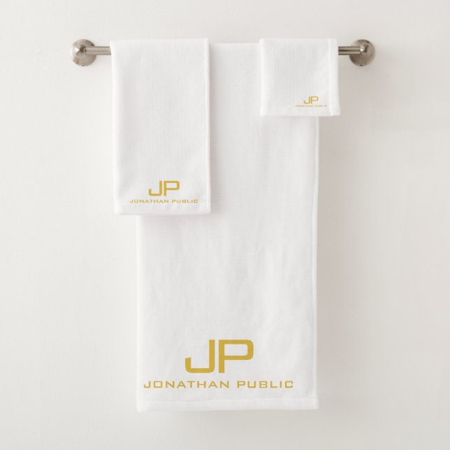 Custom Gold Monogram Initial Name Template White Bath Towel Set (Insitu)