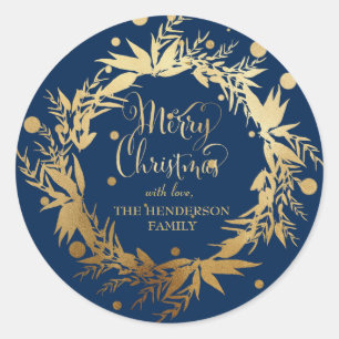 Custom Gold Navy Blue Christmas Eucalyptus Wreath Classic Round Sticker