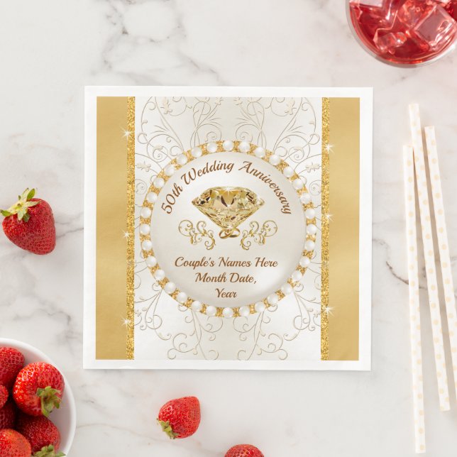 Custom Gold Personalised 50th Anniversary Napkins (Insitu)