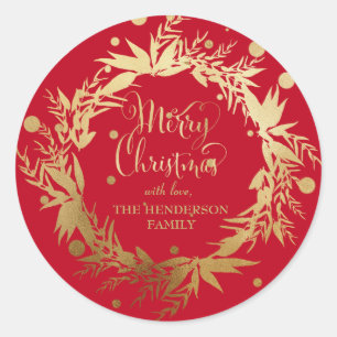 Custom Gold Red Christmas Eucalyptus Wreath Classic Round Sticker