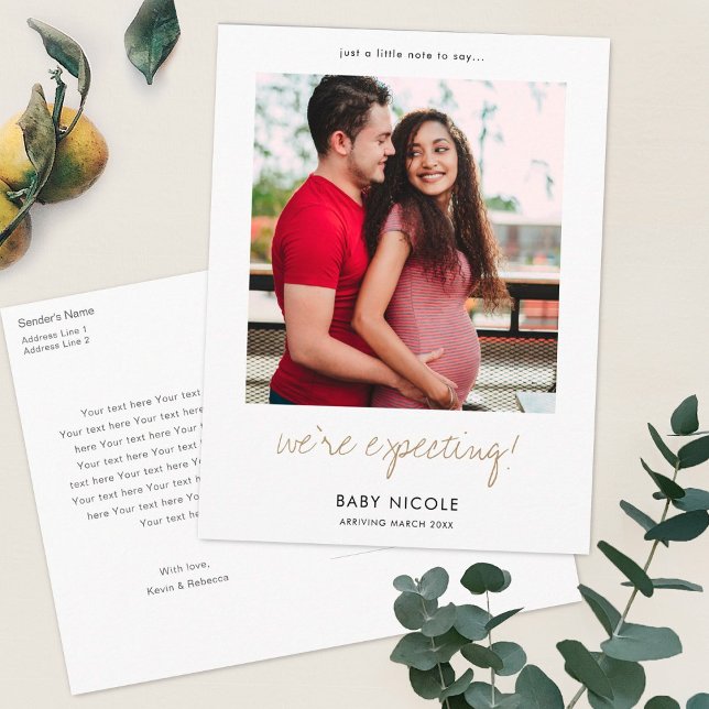 Custom Gold Script Photo Pregnancy  Announcement Postcard (Creator Uploaded)