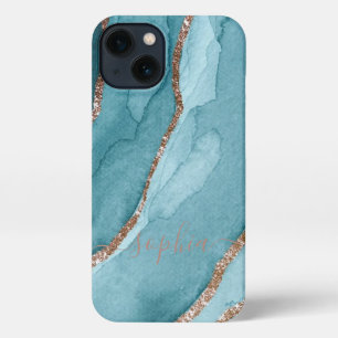 Custom Gold Teal Blue Marble Cell Phone 11 12 Max iPhone 13 Case