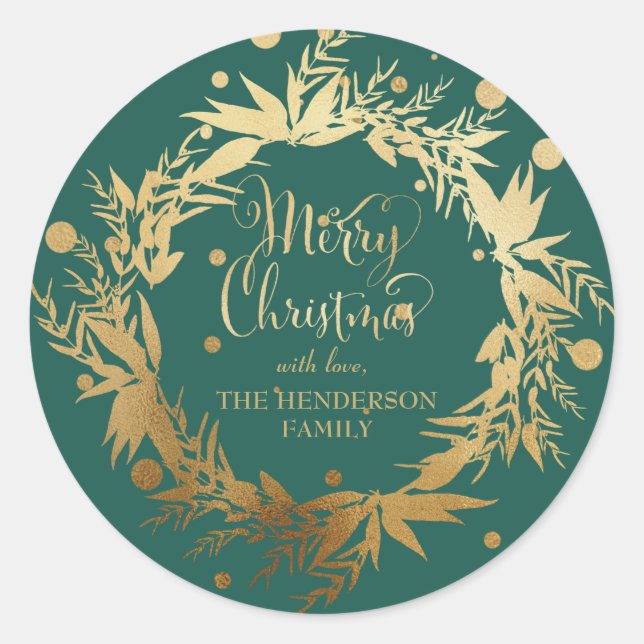 Custom Gold Teal Green Christmas Eucalyptus Wreath Classic Round Sticker (Front)
