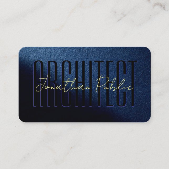 Custom Gold Text Script Name Luxury Blue Architect Business Card (Front)