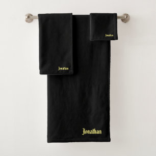 Custom Gold Typography Name Trendy Elegant Black Bath Towel Set