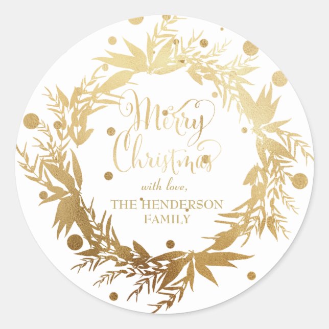 Custom Gold White Christmas Eucalyptus Wreath Classic Round Sticker (Front)
