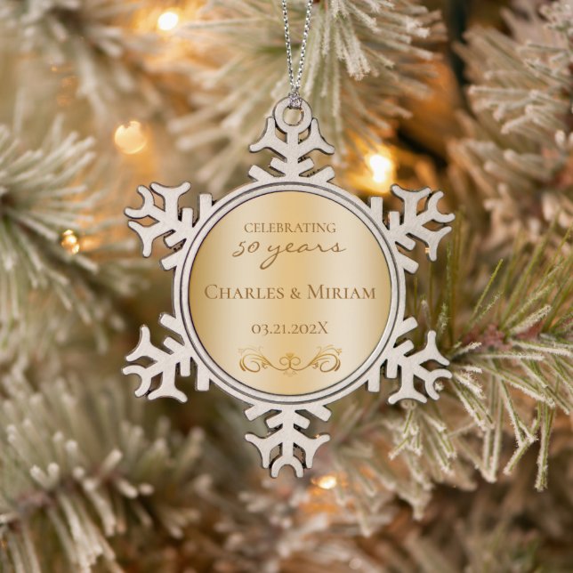 Custom Golden 50th Wedding Anniversary Gift Snowflake Pewter Christmas Ornament (Tree)