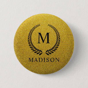 Custom Golden Black and Gold Glitter Monogram 6 Cm Round Badge