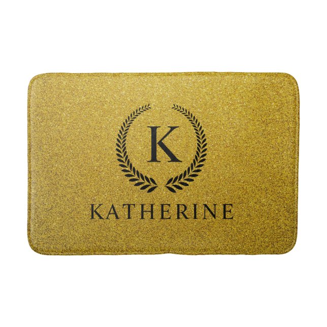 Custom Golden Black and Gold Glitter Monogram  Bath Mat (Front)