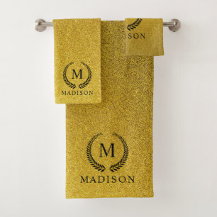 Custom Golden Black and Gold Glitter Monogram  Bath Towel Set