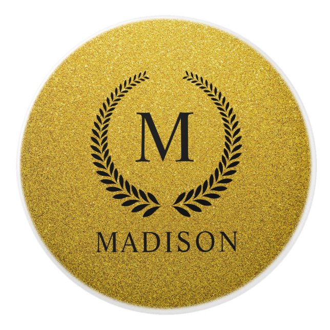 Custom Golden Black and Gold Glitter Monogram  Ceramic Knob (Front)