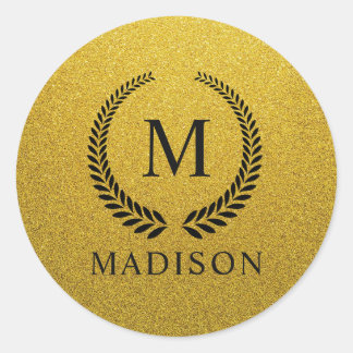 Custom Golden Black and Gold Glitter Monogram Classic Round Sticker