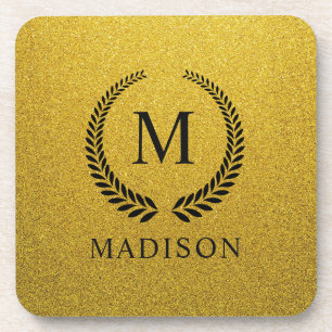 Custom Golden Black and Gold Glitter Monogram Coaster