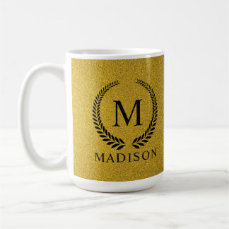 Custom Golden Black and Gold Glitter Monogram Coffee Mug