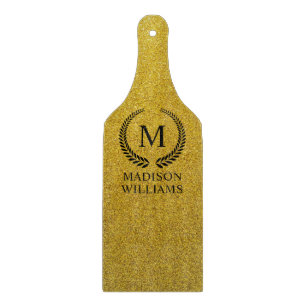 Custom Golden Black and Gold Glitter Monogram Cutting Board