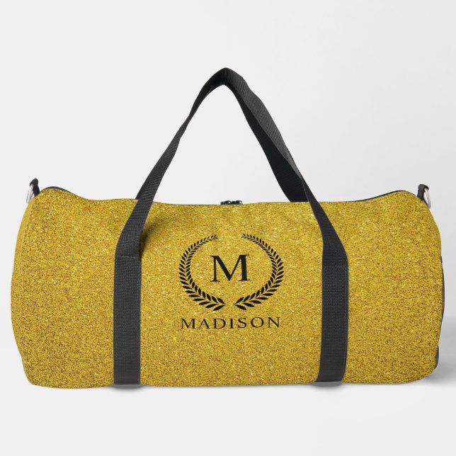 Custom Golden Black and Gold Glitter Monogram  Duffle Bag (Front)