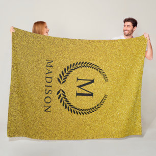 Custom Golden Black and Gold Glitter Monogram Fleece Blanket