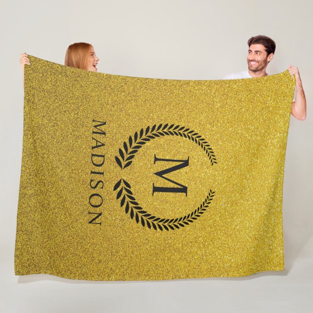 Custom Golden Black and Gold Glitter Monogram  Fleece Blanket (In Situ)