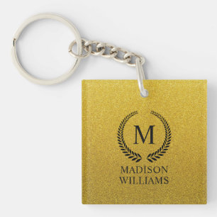 Custom Golden Black and Gold Glitter Monogram Key Ring