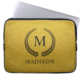 Custom Golden Black and Gold Glitter Monogram  Laptop Sleeve