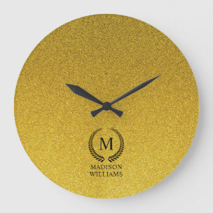 Custom Golden Black and Gold Glitter Monogram Large Clock