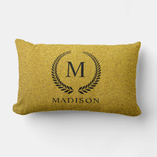 Custom Golden Black and Gold Glitter Monogram Lumbar Cushion