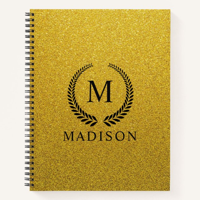 Custom Golden Black and Gold Glitter Monogram  Notebook (Front)
