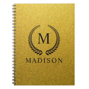 Custom Golden Black and Gold Glitter Monogram Notebook