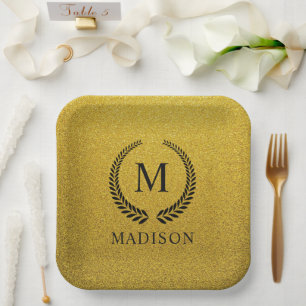 Custom Golden Black and Gold Glitter Monogram Paper Plate