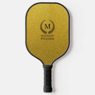 Custom Golden Black and Gold Glitter Monogram Pickleball Paddle